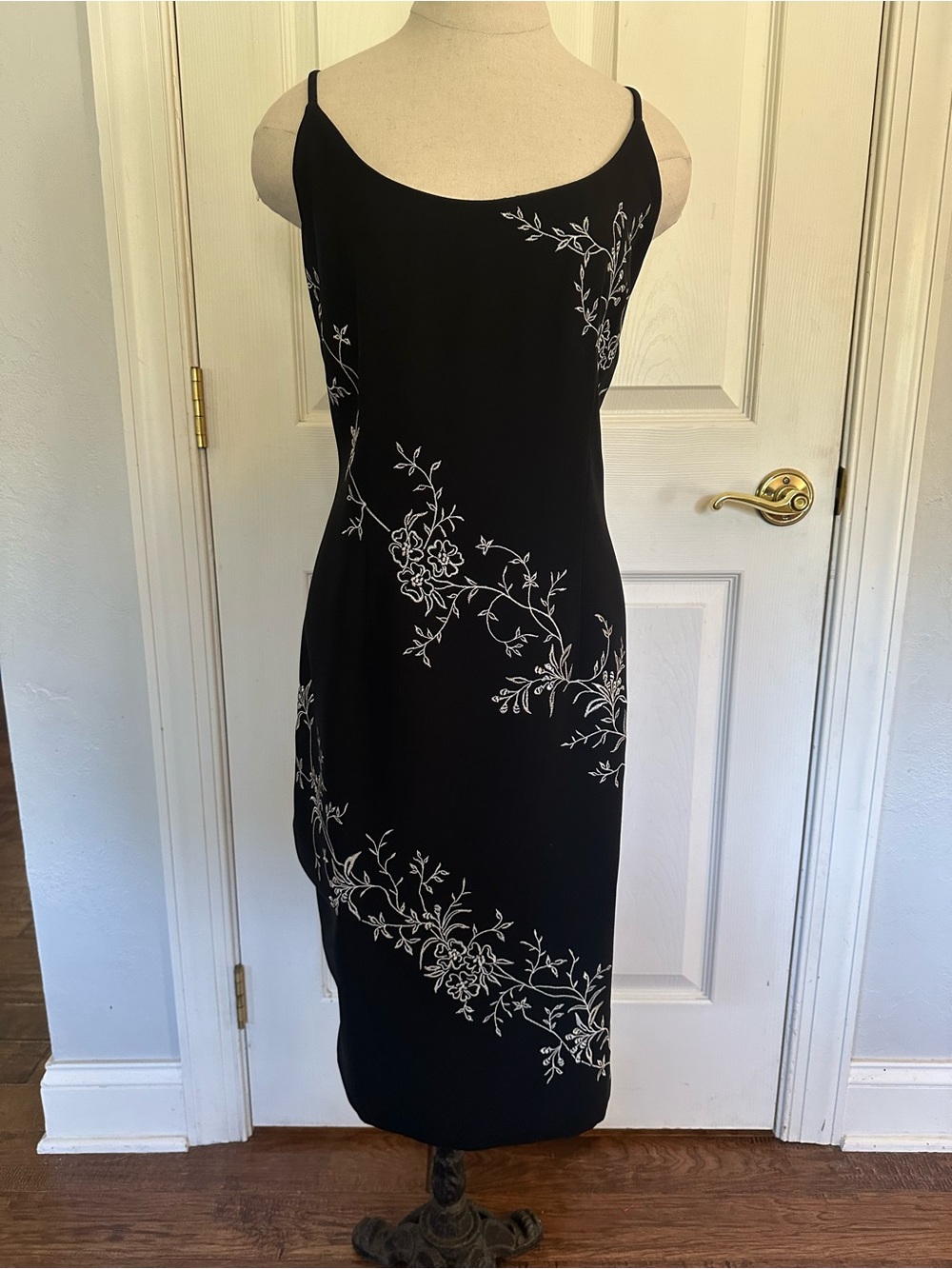 Maggy London Black Slip Midi Dress with White Floral Embroidery